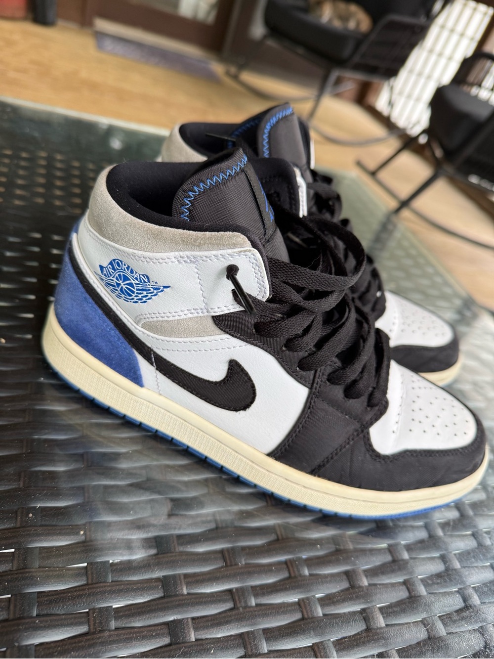 Air Jordan Men’s Mid-Top Sneakers in Black, White & Blue